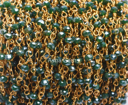 3,10,50 Feet Green Hydro Coated Beads Rosary Chain, Gold Plated Wire Wrap 3mm Micro Cut Rondelle Beaded Chain Jewelry Making handicraft SALE