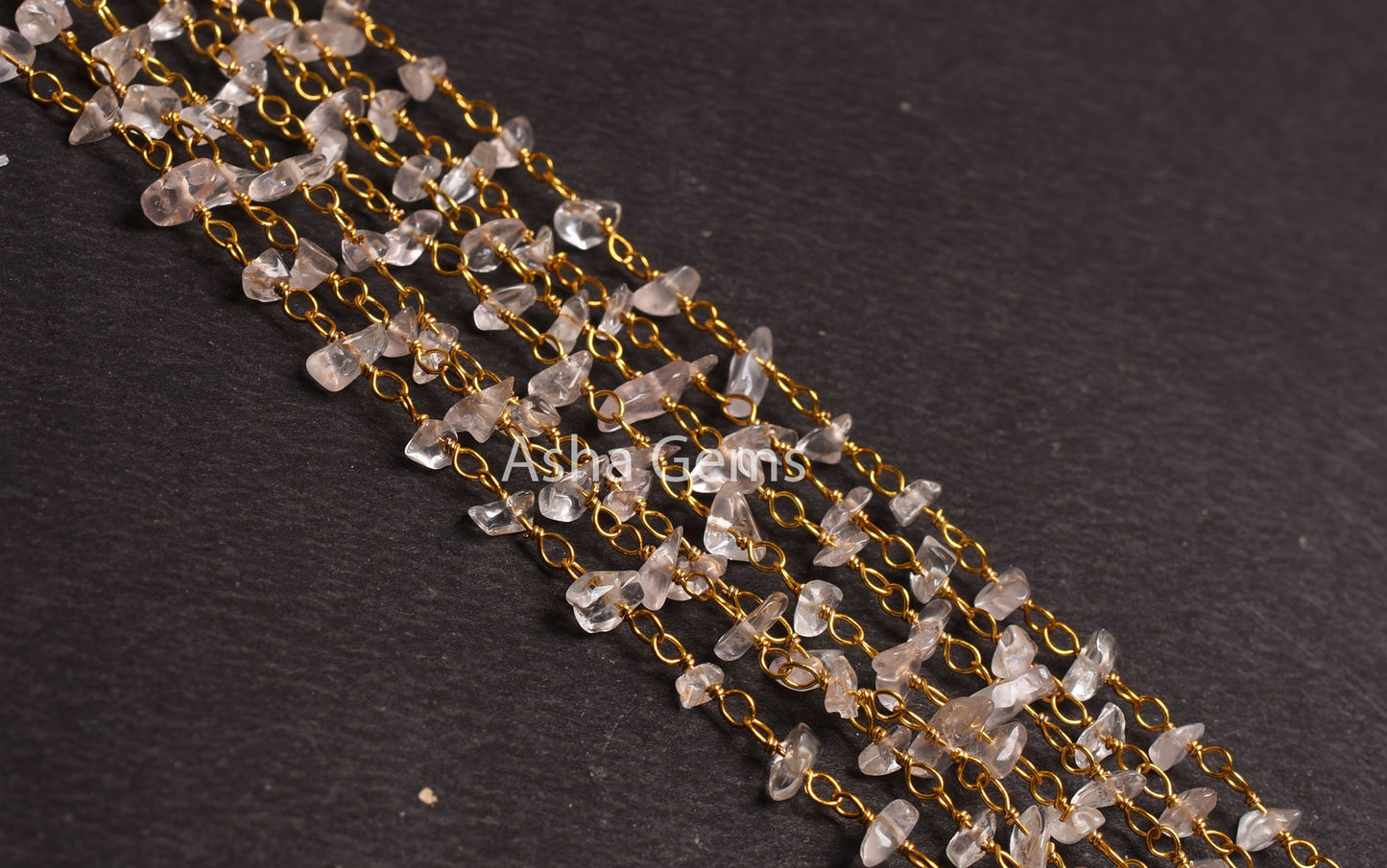 Natural Pink Rose Quartz Uncut Chips Beads Rosary Chain Gemstone Nugget Gold Plated Wire Wrap Beaded Chain By Foot, Jewelry Making Necklace
