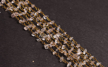 Natural Pink Rose Quartz Uncut Chips Beads Rosary Chain Gemstone Nugget Gold Plated Wire Wrap Beaded Chain By Foot, Jewelry Making Necklace