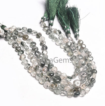 Natural Green Rutile Smooth Coin Shape handmade Beads,8" Strand Rare Green Rutile Coin Gemstone rutilated Quartz Beads Jewelry making Crafts
