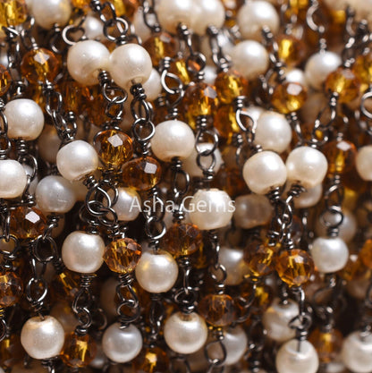Beautiful White Pearl Brown Quartz Hydro Beads Rosary Chain, Black Plated Wire Wrapped Faceted Rondelle Bead Chain Roll Jewelry making Craft