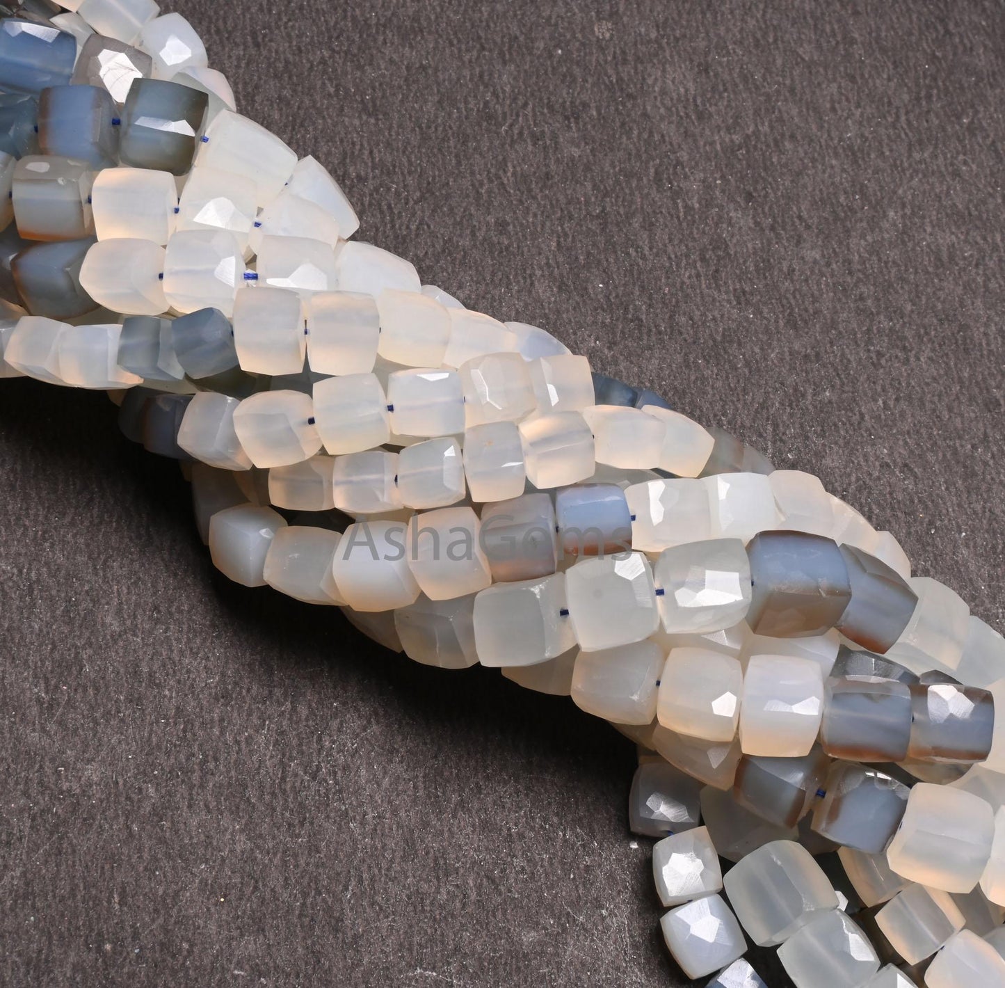 Fine Quality Shaded White Grey Chalcedony Faceted 3D Cube Box Gemstone Beads,8" Chalcedony Box Shape Indian Cut Chalcedony Bead Jewelry SALE