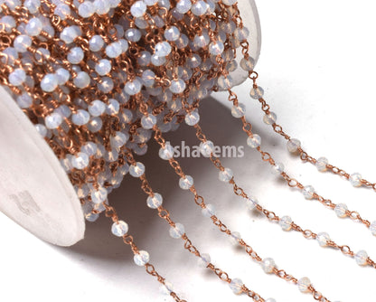 Beautiful Rainbow Moonstone Hydro Rondelle Beads Rosary Chain 3 mm, Rose gold Plated Copper Wire Wrap Micro Cut Beaded Chains Jewelry Making