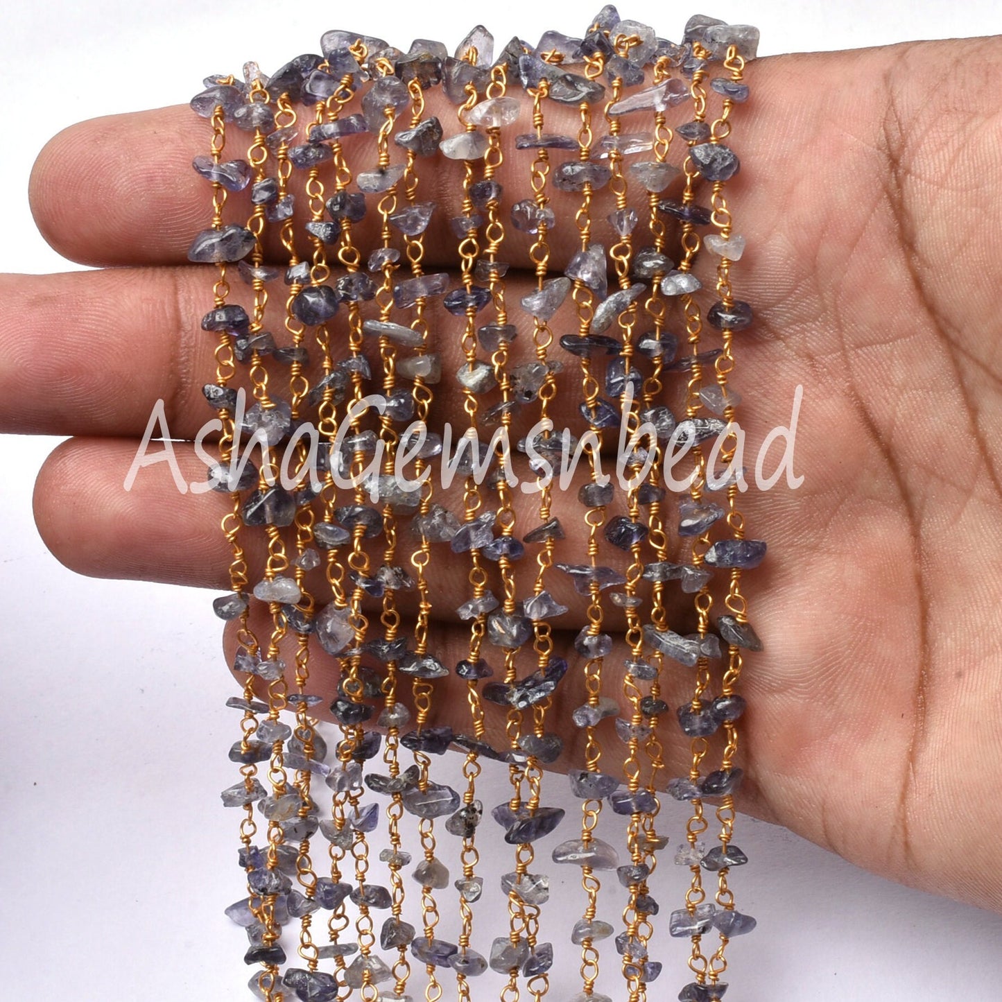 Natural Iolite Uncut Chip Beads Rosary Chain By Feet, Tiny Raw Rough Beaded Chain Gold Plated Wire Wrap Gemstone Chains Jewelry Making Craft