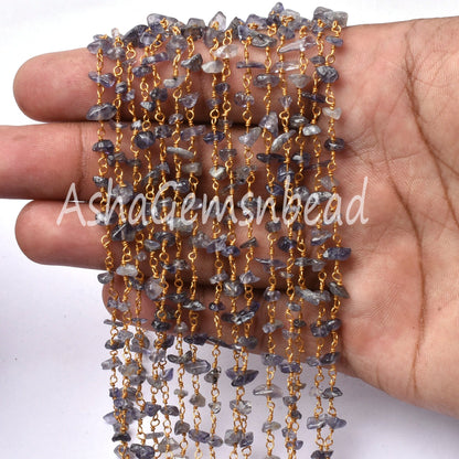 Natural Iolite Uncut Chip Beads Rosary Chain By Feet, Tiny Raw Rough Beaded Chain Gold Plated Wire Wrap Gemstone Chains Jewelry Making Craft