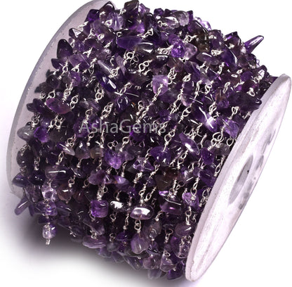 Nugget Rosary Chain,3,5,10 By Feet,Natural Purple African Amethyst Uncut Chips Beaded Rosary Chain,Gold,Silver Plated Wire,Chain,Bulk Roll