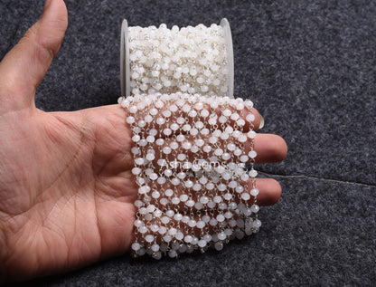 4mm White Moonstone Hydro Micro Cut Beads Rosary Chain Silver Plated Wire Wrap Beaded White Crystal handmade Chain Rosary Jewelry Craft SALE