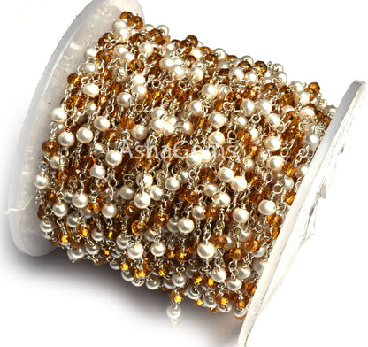 Beautiful White Pearl Brown Quartz Hydro Beads Rosary Chain,3mm Silver Plated Wire Wrap Beaded Handmade Rosary Chain Jewelry Handicraft SALE
