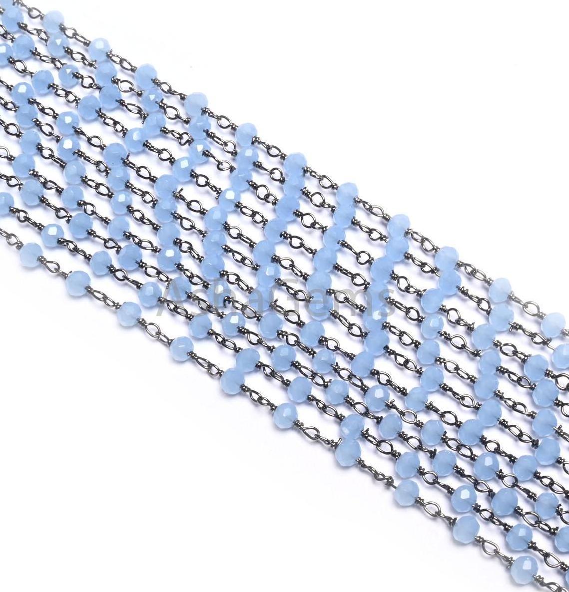 Fine Aqua Blue Chalcedony Hydro Rondelle Faceted Beads Rosary Chain,3mm Black Metal Plated Wire Wrap Beaded Gunmetal Chains Jewelry Necklace