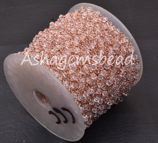 Beautiful White Crystal Quartz Hydro Faceted Rondelle Beads Rosary Chain,3mm Rose Gold Plated Copper Wire Chains Jewelry Making Rosary Chain