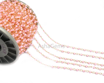 1,5,10,50 Feet Bulk Chain Pink Rose Quartz Hydro Faceted Rondelle Beads Rosary Chain Gold Plated Wire Chain Jewelry Making Chain DIY Finding