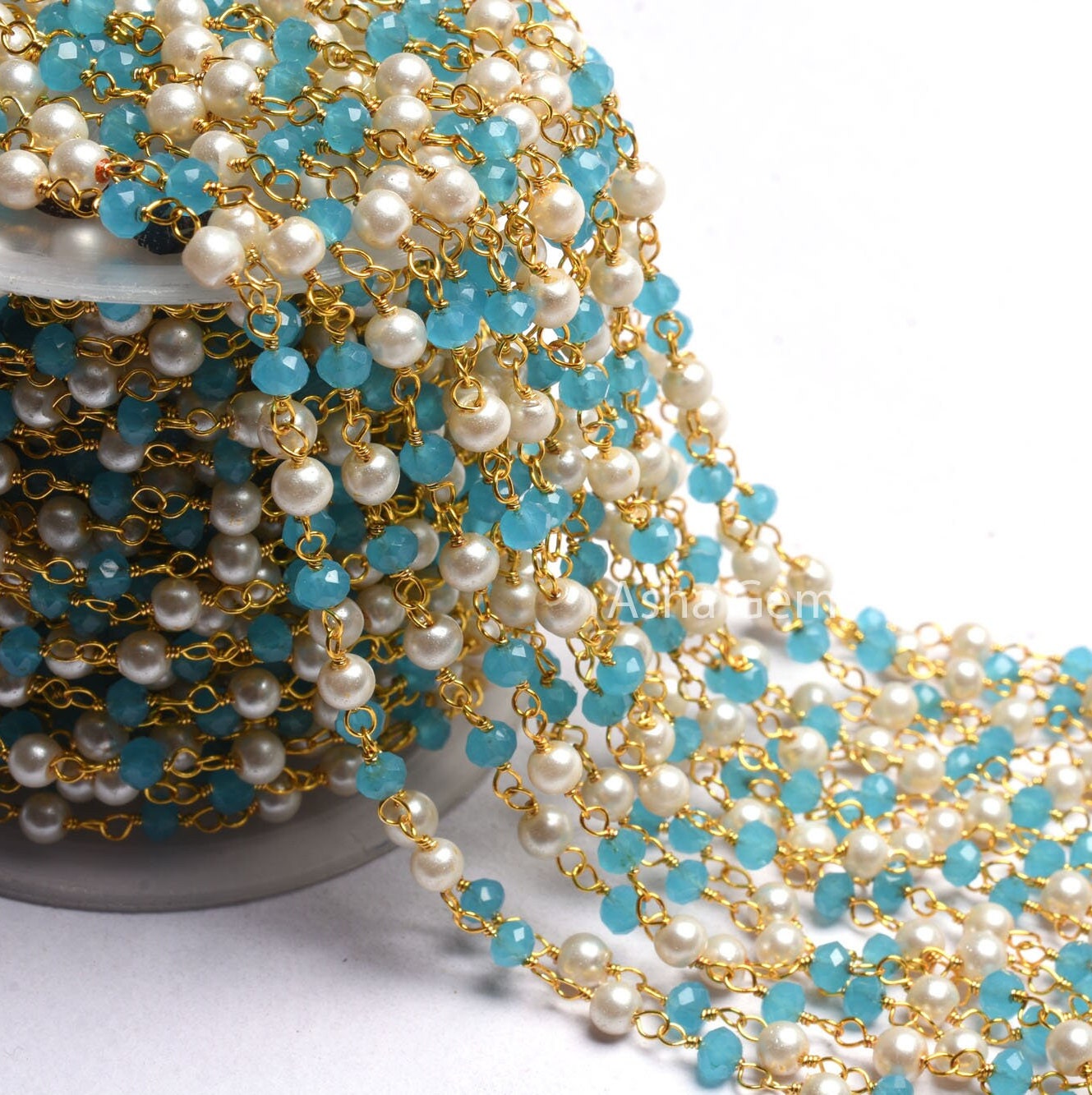 Beautiful Pearl, Blue Chalcedony Hydro Beads Rosary Chain,4 mm Multi Color Rondelle Gold Plated Wire Wrap Bulk Handmade Chain Jewelry Making