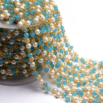 Beautiful Pearl, Blue Chalcedony Hydro Beads Rosary Chain,4 mm Multi Color Rondelle Gold Plated Wire Wrap Bulk Handmade Chain Jewelry Making