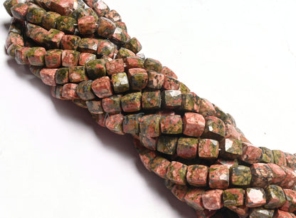 Fine Unakite Faceted 3D Cube Box Gemstone Loose Beads,8" Natural Shaded Green Pink Unakite Indian Cut Box epidote Beads Jewelry Making Craft
