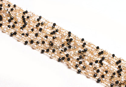 Beautiful Pearl Black Onyx Hydro Micro Cut Beads Rosary Chain, Gold Plated Wire wrap Bulk Rosary Chain By Foot Necklace Jewelry Making Chain
