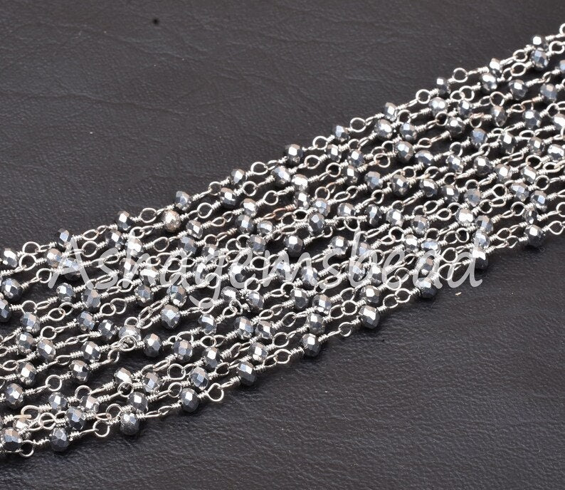 SALE 3,5,10 Feet,Silver Pyrite Hydro Faceted Rondelle Beaded Rosary Chain Silver Plated,Jewelry Making, Finding,Wire Wrapped Chain,3-3.5 mm
