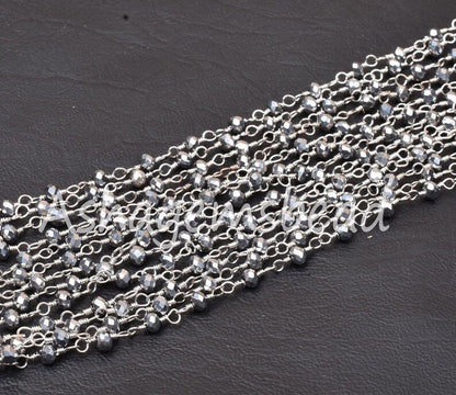 SALE 3,5,10 Feet,Silver Pyrite Hydro Faceted Rondelle Beaded Rosary Chain Silver Plated,Jewelry Making, Finding,Wire Wrapped Chain,3-3.5 mm