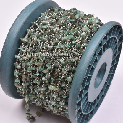 Natural Green Malachite Uncut Chip Beads Rosary Chain Silver, Gold Plated Wire Bulk roll chain Wholesale Beaded Rosary For Necklace Jewelry