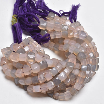 Shaded Peach Grey Chalcedony Faceted 3D Cube Box Beads,8" Fine Chalcedony Cube Gemstone Beads, Chalcedony Indian Cut Bead Jewelry Craft SALE