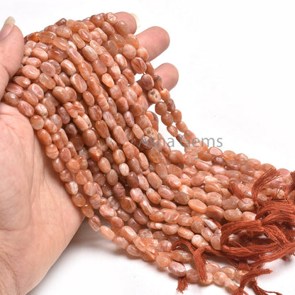 Natural Sunstone Smooth Nugget Gemstone Beads,13" Strand Red Sunstone Plain Handmade Uneven Oval Nugget Beads, Sunstone Bead Jewelry Crafts