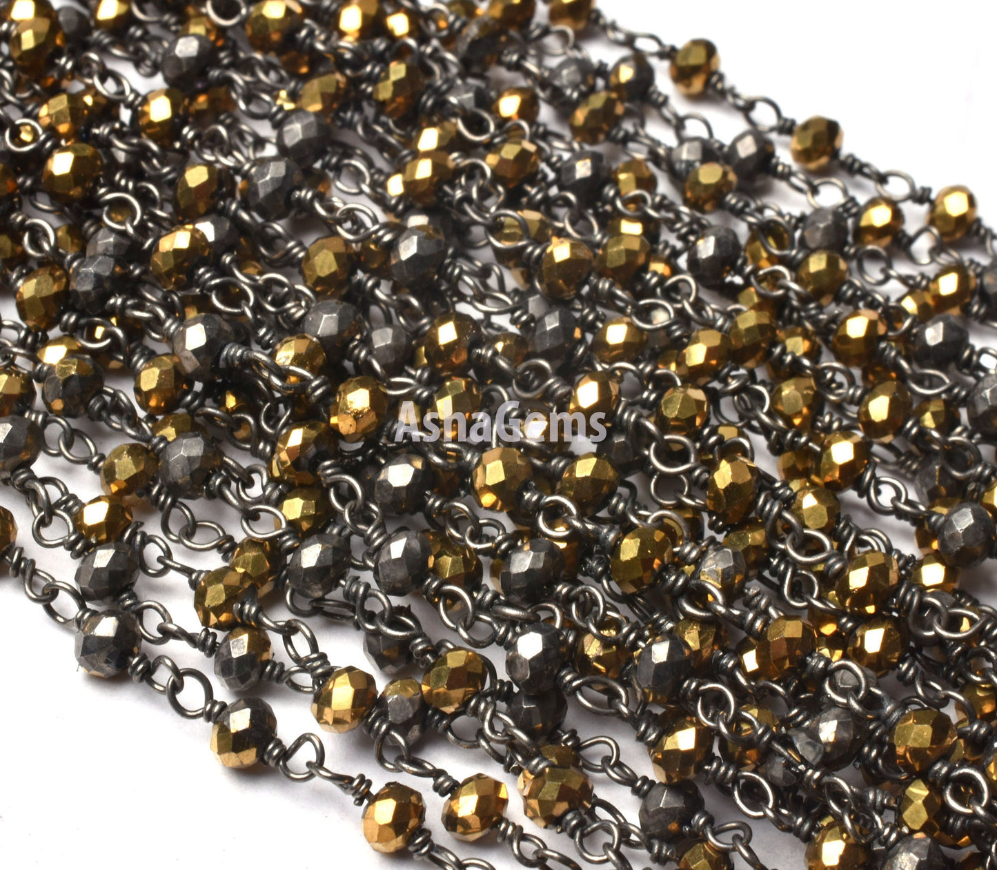 SALE 3,5,10,25 Ft Golden Pyrite Hydro Faceted Rondelle Beaded Rosary Chain Black Plated Wire Jewelry Making Finding, Wire Wrapped Chain 3 mm