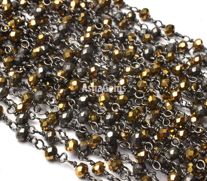 SALE 3,5,10,25 Ft Golden Pyrite Hydro Faceted Rondelle Beaded Rosary Chain Black Plated Wire Jewelry Making Finding, Wire Wrapped Chain 3 mm