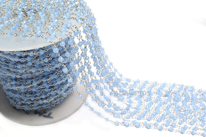 1,5,50 Aqua Blue Chalcedony Hydro Rondelle Faceted Beads Rosary Chain,3mm Silver  Plated Wire Wrap Beaded  Chains Jewelry Necklace