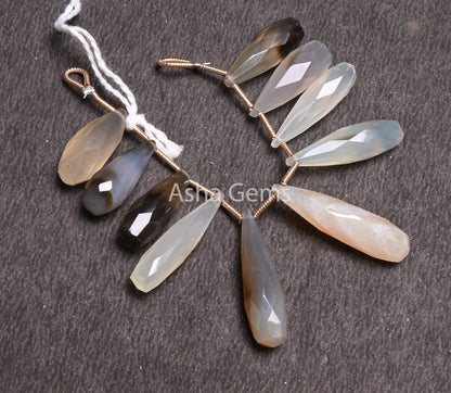 Multi White Grey Brown Chalcedony Fancy Long Drop Faceted Beads, Shaded Mix Color Chalcedony Pencil Teardrop Briolette Gemstone Bead Jewelry