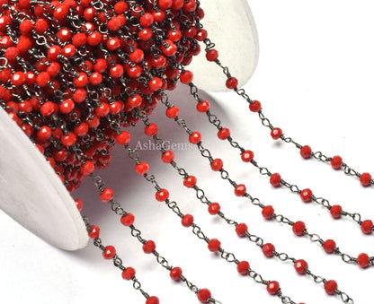 AAA Red Onyx Hydro Faceted Rondelle Beads Rosary Chain Black Metal Plated Gunmetal Wire Wrapped Chain 3-3.5mm Jewelry Making Necklace Chains