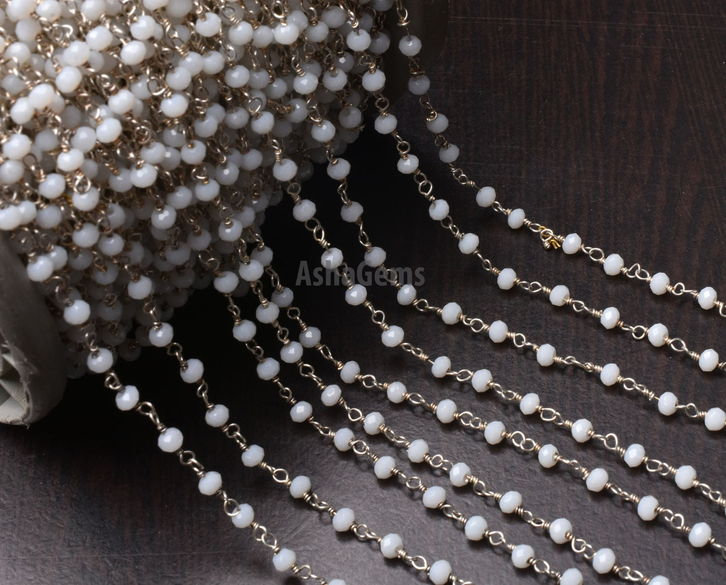 Amazing White Agate Hydro Faceted Rondelle Beads Rosary Chain,3 mm Silver Plated Wire Wrap Chain By Feet Rosary Chain Jewelry making Crafts