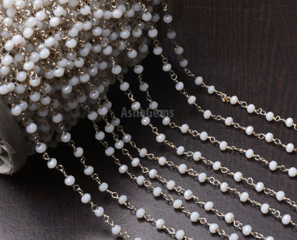 Amazing White Agate Hydro Faceted Rondelle Beads Rosary Chain,3 mm Silver Plated Wire Wrap Chain By Feet Rosary Chain Jewelry making Crafts