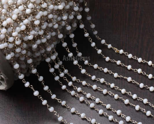 Amazing White Agate Hydro Faceted Rondelle Beads Rosary Chain,3 mm Silver Plated Wire Wrap Chain By Feet Rosary Chain Jewelry making Crafts