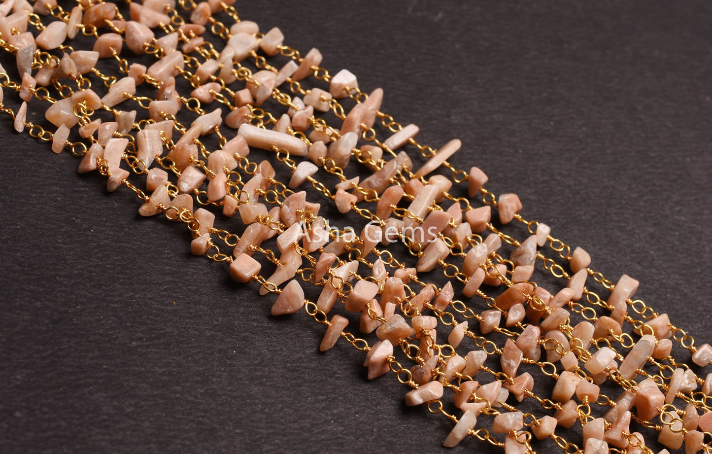 Natural Peach Moonstone Uncut Chip Beads Rosary Chain By Foot, Gold Plated Wire Wrap Moonstone Raw Rough Gemstone Beads Chain Jewelry making
