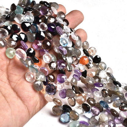 8 Inch Strand Multi color Gemstone Faceted heart Loose Beads, Mix Gemstone Faceted Briolette Beads, Disco Heart Beads For Jewelry Craft Sale