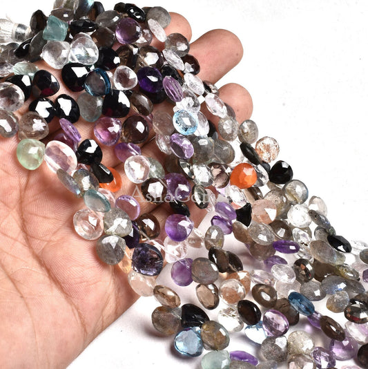 8 Inch Strand Multi color Gemstone Faceted heart Loose Beads, Mix Gemstone Faceted Briolette Beads, Disco Heart Beads For Jewelry Craft Sale