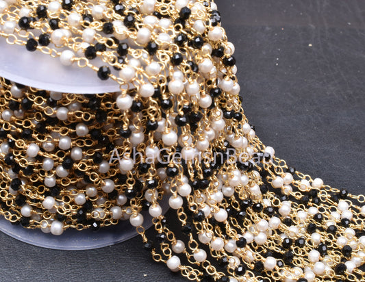 1,5,10,25 feet Beautiful Pearl, Black Spinel Hydro Beads Rosary Chain, Spinel Pearl Hydro Rondelle Beaded Chain, Gold Plated Wire Bulk Roll