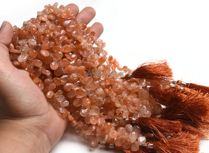 Natural Sunstone Handmade Pear Side Drill Beads, Shaded Red Sunstone Smooth Teardrop Briolette Gemstone Beads,8" Sunstone bead Jewelry Craft