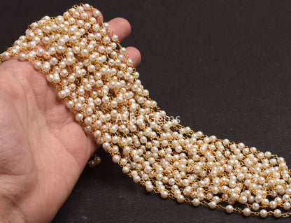 SALE 3,5,10,25Ft White Pearl Hydro smooth Rondelle Beaded Rosary Chain gold Plated Wire Jewelry Making Finding,4mm Bead Wire Wrapped Chain