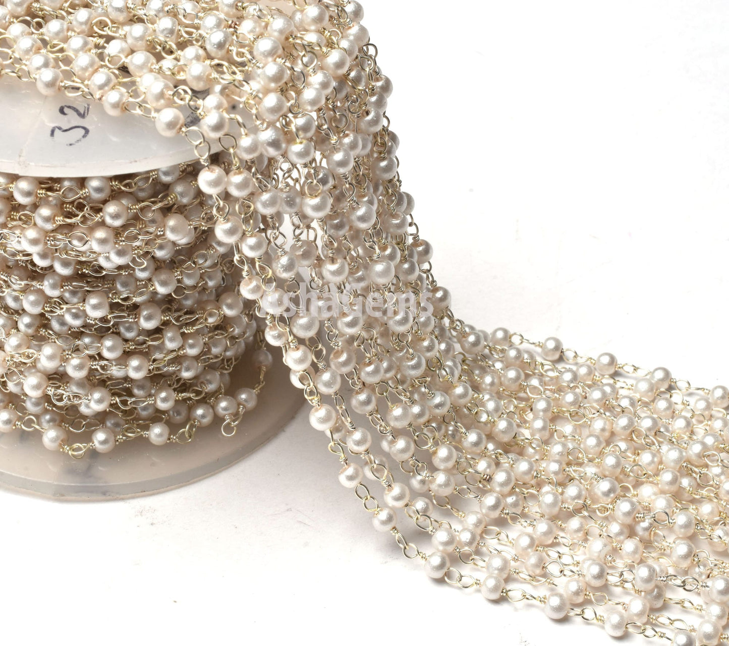 SALE 3,5,10,25 Ft White Pearl Hydro Faceted Rondelle Beaded Rosary Chain Silver Plated Wire,Jewelry Making Finding,Wire Wrapped Chain 3-3.5