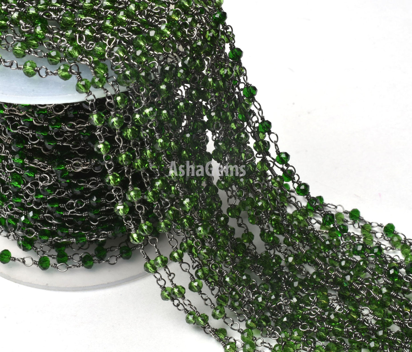 3,5,10,25 Ft,Chrome Diopside Hydro Faceted Rondelle Beaded Rosary Chain ,Black Metal Plated,Jewelry Making,Gunmetal Chain,3-3.5mm
