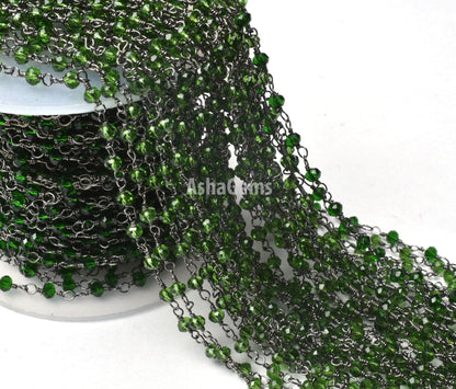 3,5,10,25 Ft,Chrome Diopside Hydro Faceted Rondelle Beaded Rosary Chain ,Black Metal Plated,Jewelry Making,Gunmetal Chain,3-3.5mm