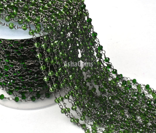 3,5,10,25 Ft,Chrome Diopside Hydro Faceted Rondelle Beaded Rosary Chain ,Black Metal Plated,Jewelry Making,Gunmetal Chain,3-3.5mm