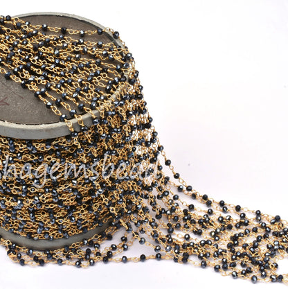 AAA Black Spinel Hydro Silver Coated Faceted Rosary Chain,3 mm Beaded Gold Plated Wire Wrap Rondelle handmade Chain Jewelry Making Craft SALE