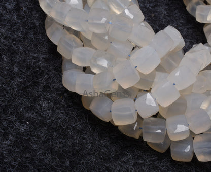 Natural Chalcedony Faceted 3D Cube Box Beads,8" Strand White Chalcedony Faceted Box Gemstone Center Drill Bead Chalcedony Cube Beads Jewelry