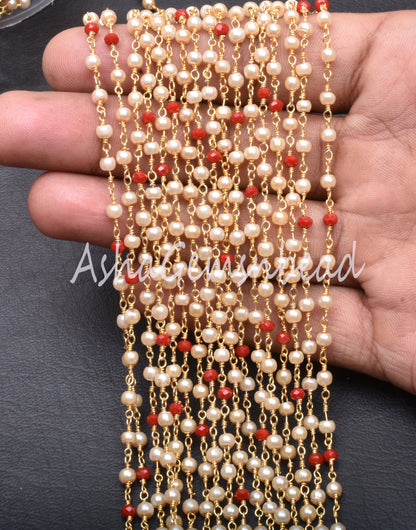 3,10,50 Feet Chain Pearl Red Ruby Hydro Beads Rosary Chain Gold Plated Wire Bulk Roll Chain Finding Multi Color Beaded Chains jewelry Crafts