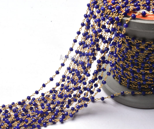 3,5,10,25 Feet Blue Lapis Hydro Rondelle Faceted Beads Rosary Chain Gold Plated Wire Wrap Jewelry Making Chain,3-3.5 mm Beaded Rosary Chains
