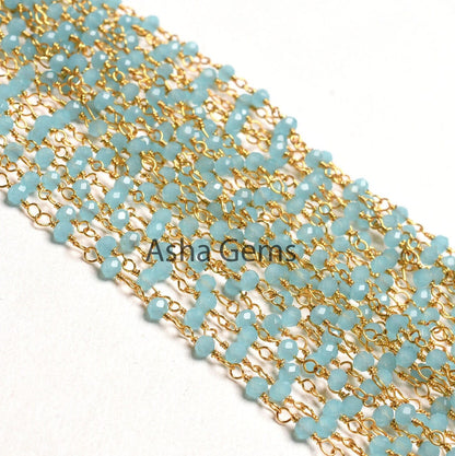 1,5,10,50 Feet Chain Blue Milky Aqua Chalcedony Hydro Faceted Rondelle Beads Rosary Chain Gold Plated Wire Bulk Roll Findings Beaded Chains