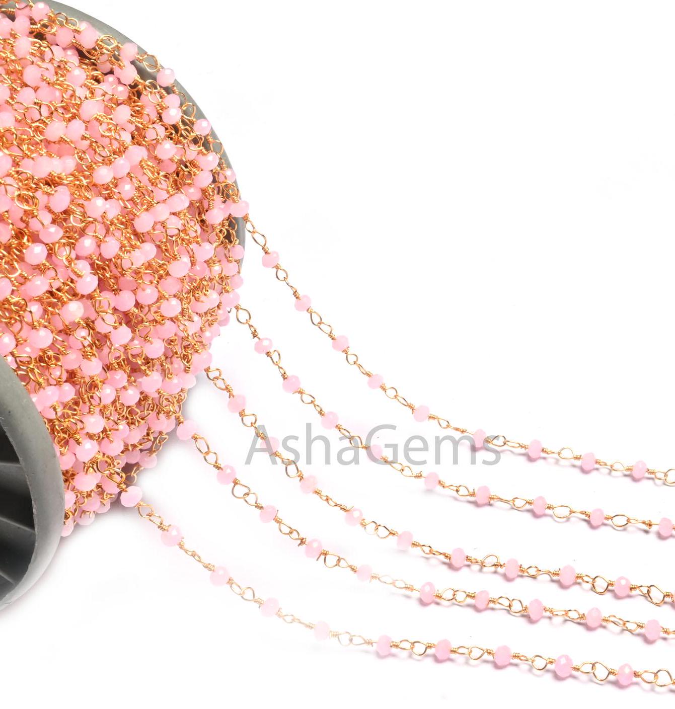 1,5,10,50 Feet Bulk Chain Pink Rose Quartz Hydro Faceted Rondelle Beads Rosary Chain Gold Plated Wire Chain Jewelry Making Chain DIY Finding