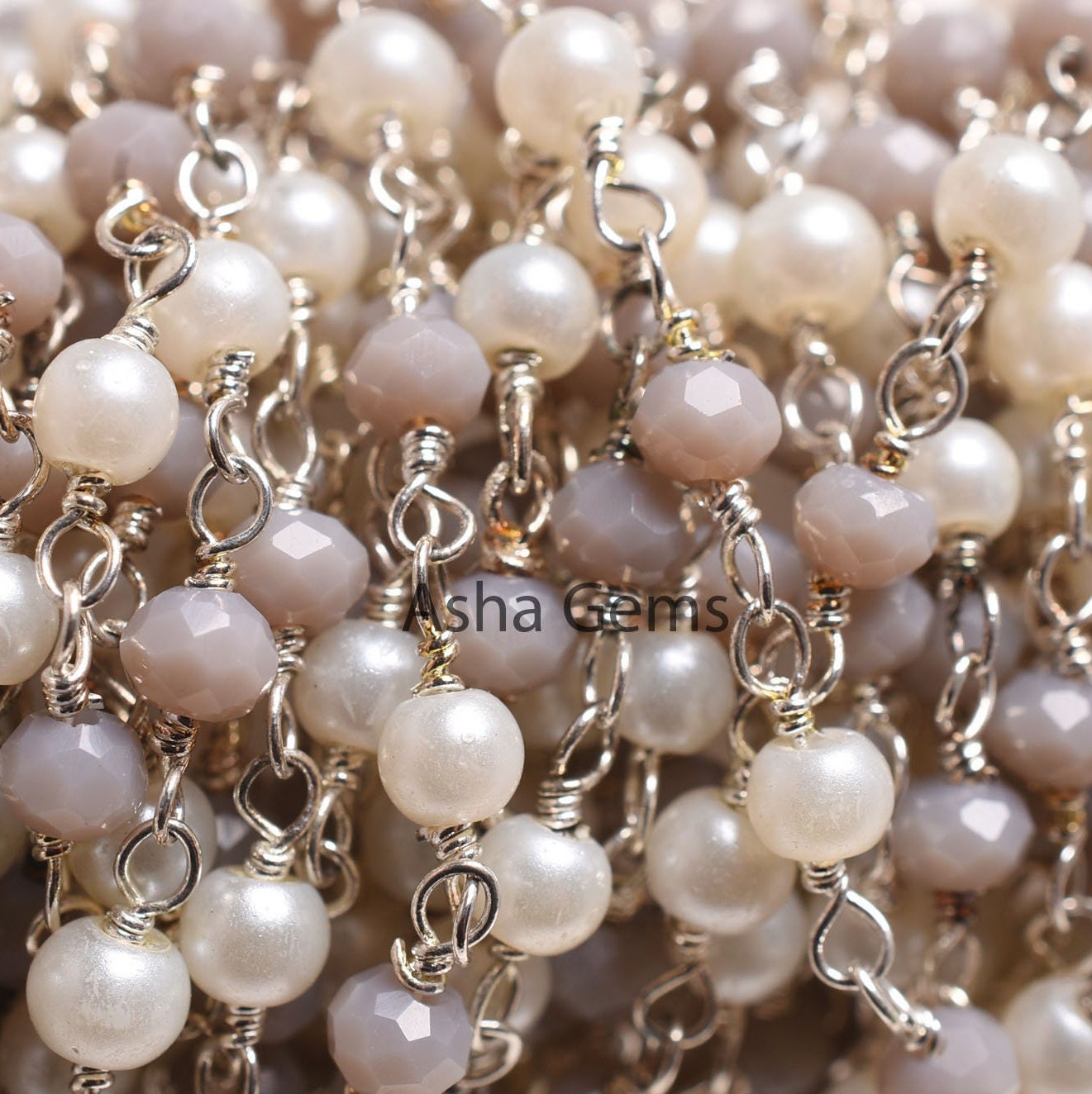 Pearl Grey Moonstone Hydro Beads Rosary Chain 3mm Faceted Rondelle Beads Silver Plated Wire Wrapped Chains Jewelry Making Finding Chain SALE