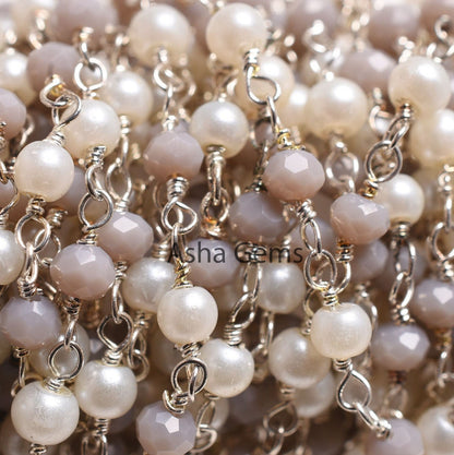 Pearl Grey Moonstone Hydro Beads Rosary Chain 3mm Faceted Rondelle Beads Silver Plated Wire Wrapped Chains Jewelry Making Finding Chain SALE